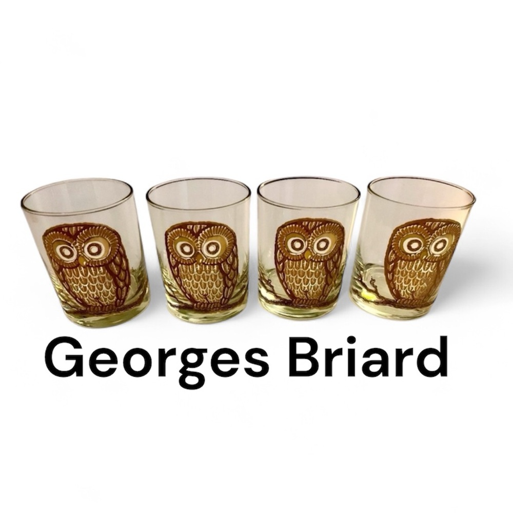 Authentic Georges Briard Signed Vintage Retro Owl Double Old Fashion Glasses x4